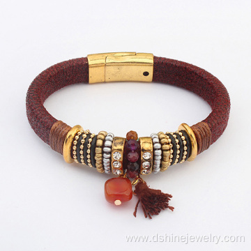 Leather Tassel Bangle Gold Magnet Clasp Stone Charm Bracelet